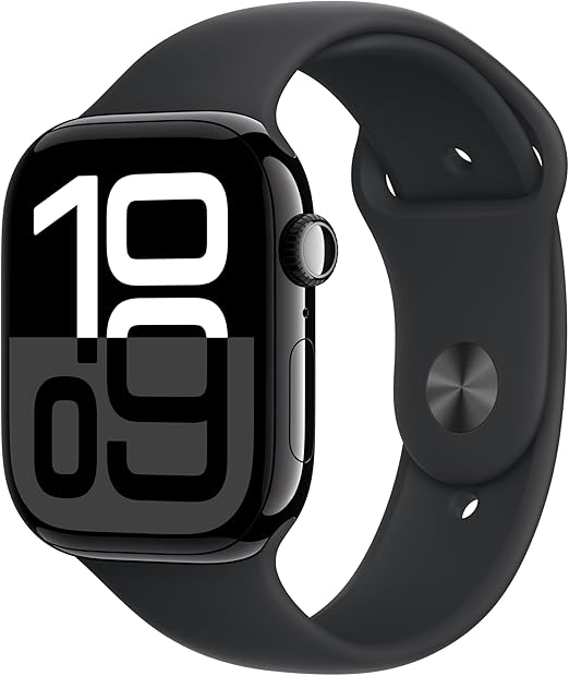 Apple Watch Series 10 [GPS 46mm case] Smartwatch with Jet Black Aluminum Case with Black Sport Band - M/L. Fitness Tracker, ECG App, Always-On Retina Display, Water Resistant